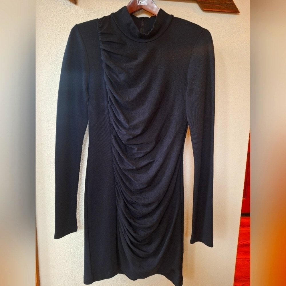 Vivienne Tam Mock Neck Long Sleeve Draping Black Zip Mini Dress Womens Size S